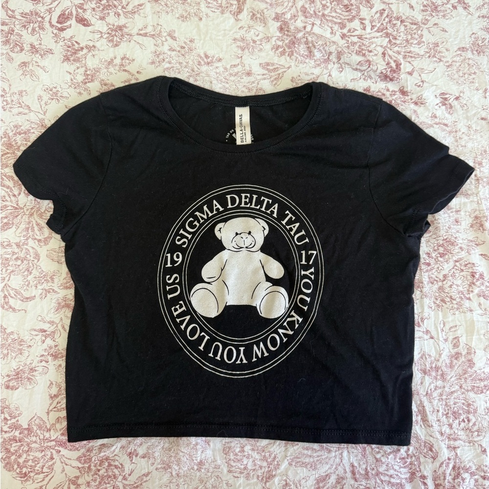 Sigma Delta Tau Black Cropped Tee with Teddy Graphic